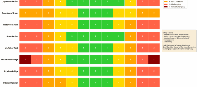 Portland exotic car photography seasonal calendar showing monthly ratings for each location based on weather and conditions
