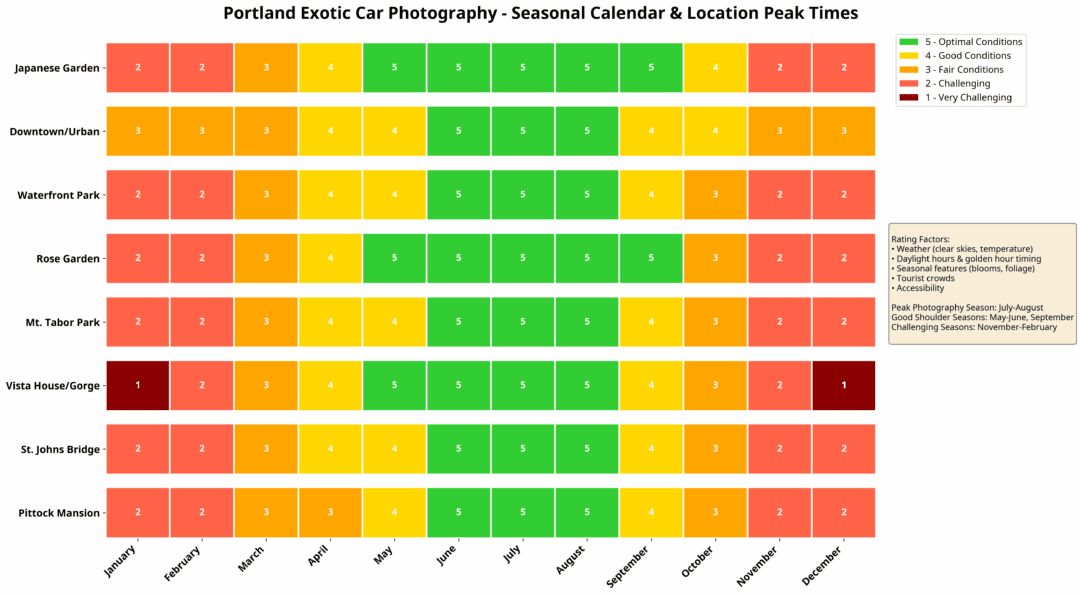 Portland exotic car photography seasonal calendar showing monthly ratings for each location based on weather and conditions