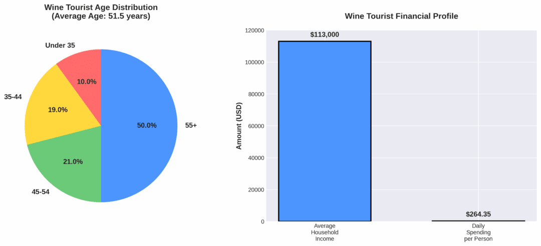 Charts showing wine tourist age distribution and financial profile in Willamette Valley