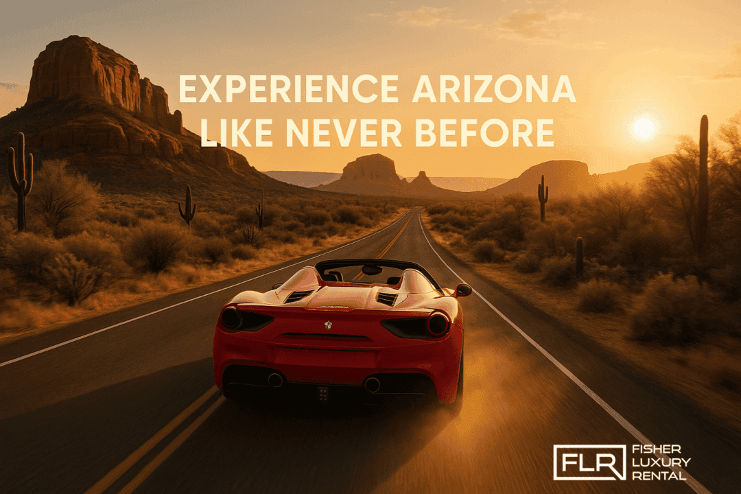 Ferrari 488 Spider cruising through Arizona desert at sunset