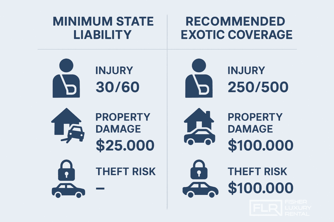 Insurance coverage infographic comparing state minimums and exotic car recommendations