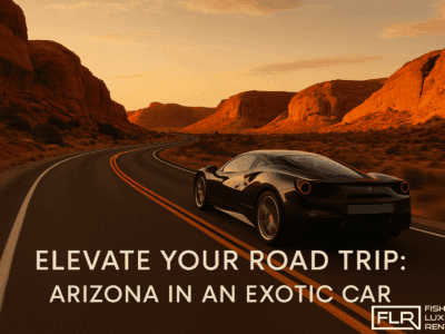 Exotic sports car driving on a desert highway in Arizona at golden hour.