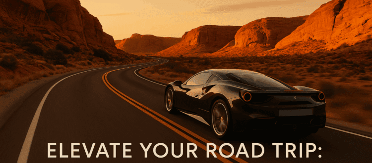 Exotic sports car driving on a desert highway in Arizona at golden hour.
