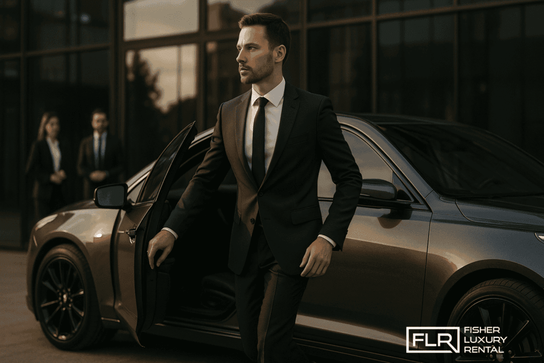 Business executive stepping out of a luxury car in front of an office building