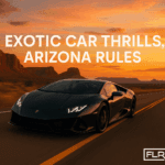 Ferrari driving through Arizona desert highway at sunset