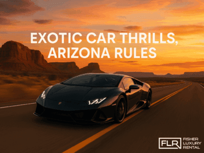 Ferrari driving through Arizona desert highway at sunset