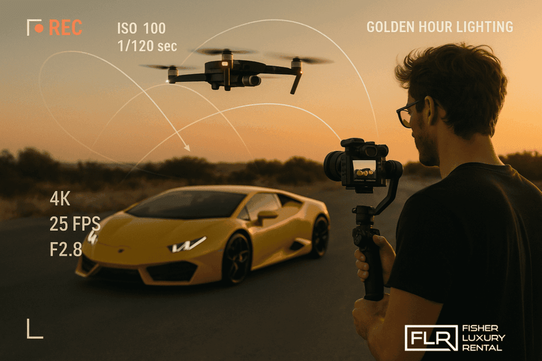 Influencer filming Lamborghini with drone and gimbal during golden hour.