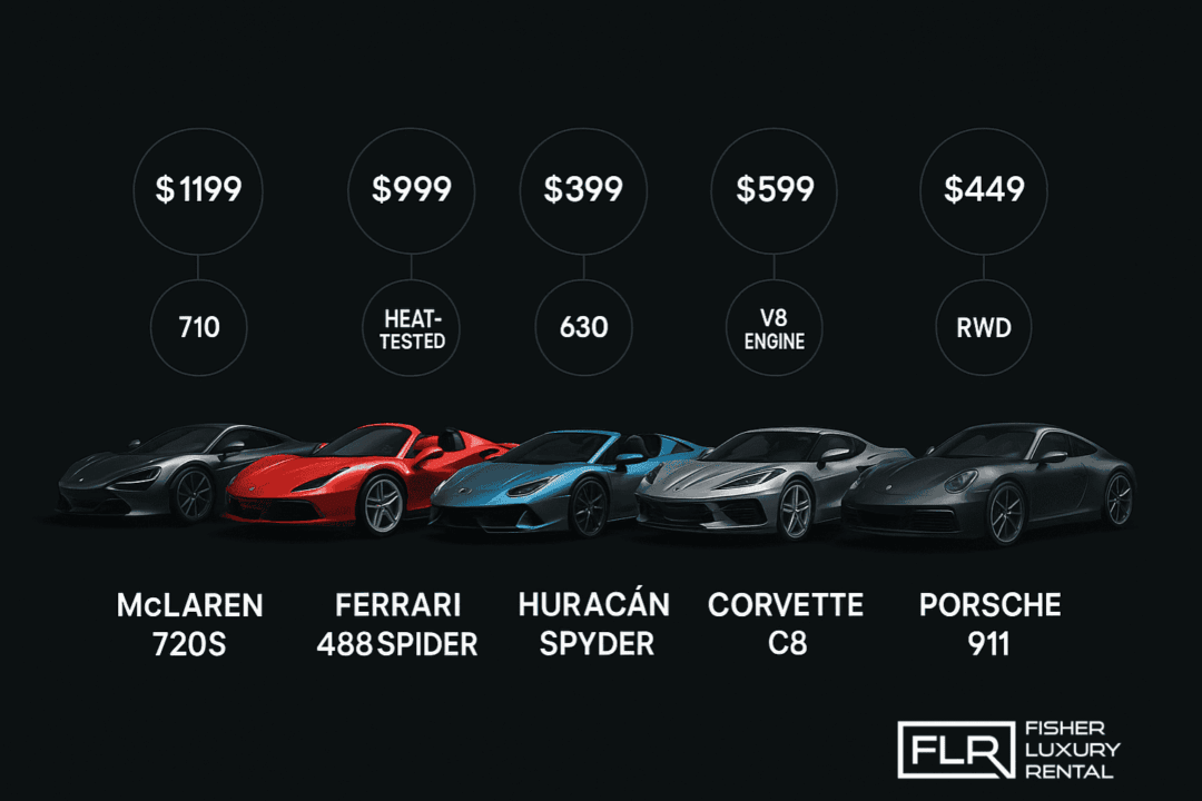 Visual chart comparing exotic car models for Arizona road trips