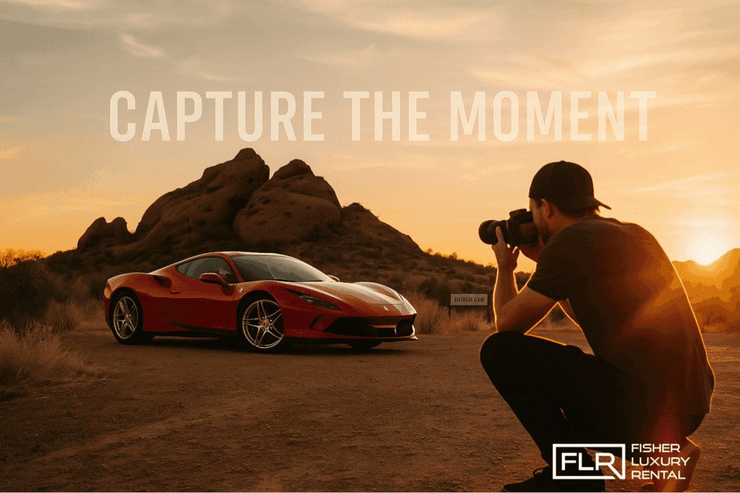 Golden-hour photo of exotic car parked at scenic Papago Park in Arizona