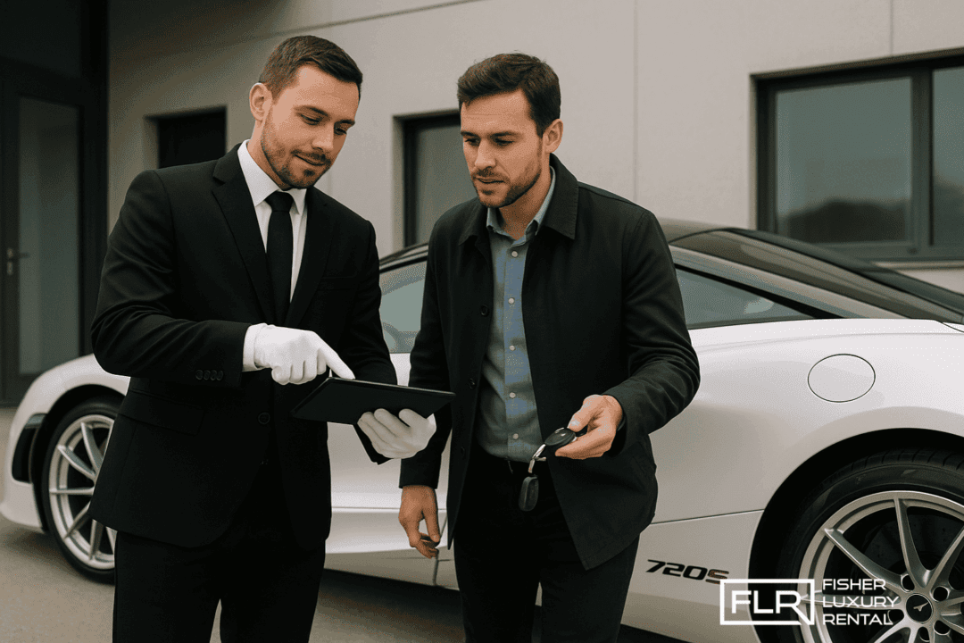 Position 1: Introduction – Fleet Operations Overview Section Placement: Near the beginning, after the paragraph starting “Keeping our luxury and exotic vehicles spick and span...” Exact Image Concept: A behind-the-scenes luxury garage scene with a lineup of exotic vehicles (Lamborghini, Ferrari, McLaren) on hydraulic lifts, technicians in branded uniforms working with tablets and diagnostic tools, and sleek digital dashboards showing maintenance schedules. Design Tone & Style: Clean, modern, luxury automotive style; cinematic lighting with warm highlights and chrome reflections; branding on uniforms and tools; optional overlay headline: "Precision in Motion: Behind the Scenes at Fisher Luxury Rental"