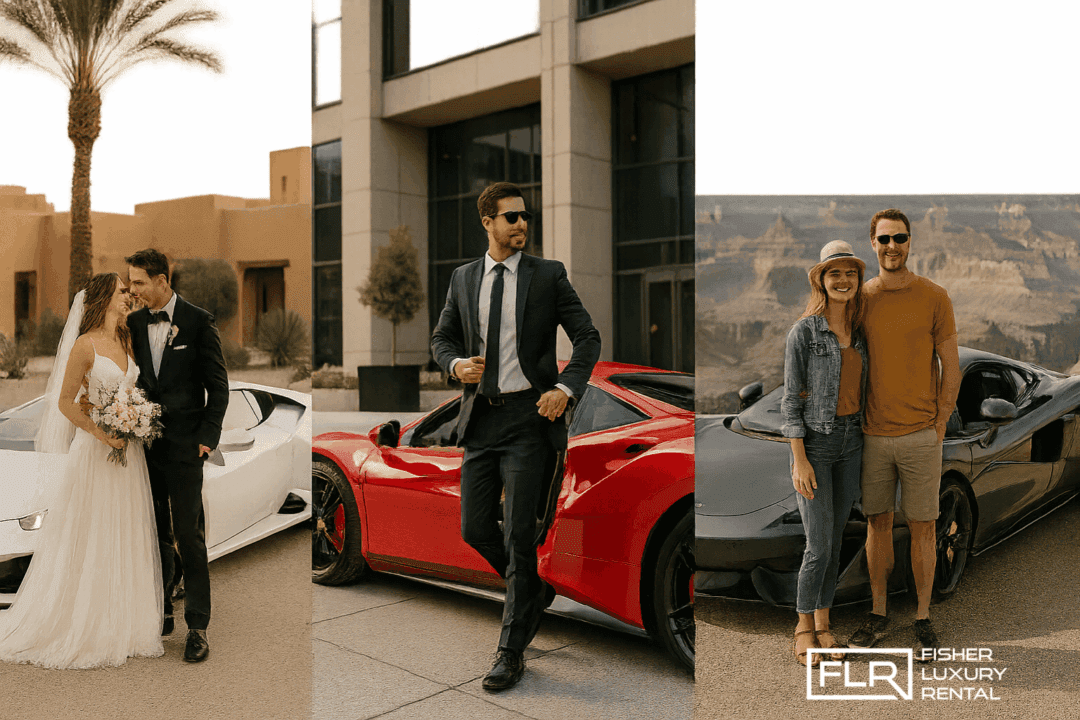 Collage showing exotic cars used for weddings, business, and tourism in Phoenix.