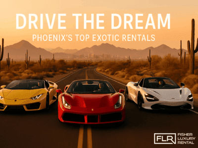 Exotic cars driving through Phoenix desert during golden hour with skyline in background.