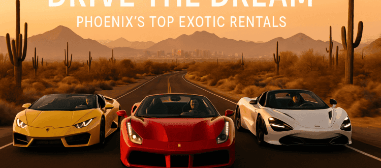 Exotic cars driving through Phoenix desert during golden hour with skyline in background.