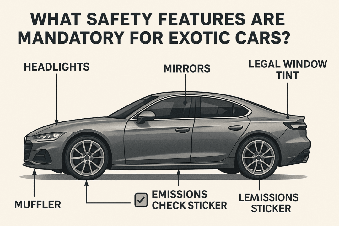 Labeled diagram of required safety features on an exotic car