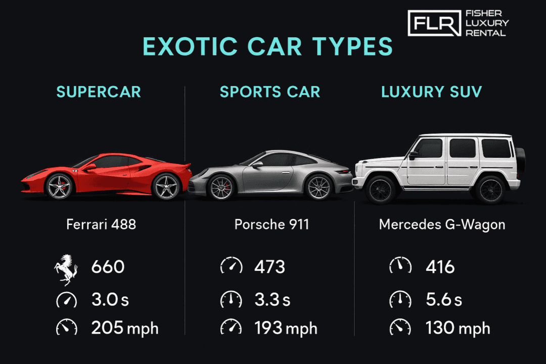 Visual guide to types of exotic cars available in Phoenix including supercars, sports cars, and SUVs.