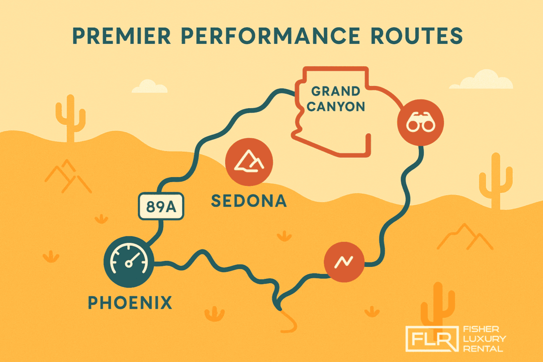 Map infographic of Arizona’s best exotic car routes with scenic and speed highlights