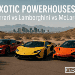 Ferrari SF90, Lamborghini Revuelto, and McLaren 750S in a desert setting with Phoenix skyline in background.