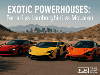 Ferrari SF90, Lamborghini Revuelto, and McLaren 750S in a desert setting with Phoenix skyline in background.
