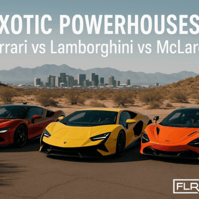 Ferrari SF90, Lamborghini Revuelto, and McLaren 750S in a desert setting with Phoenix skyline in background.