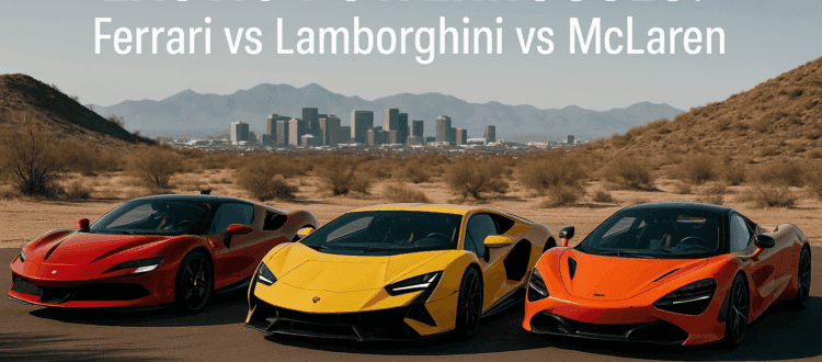 Ferrari SF90, Lamborghini Revuelto, and McLaren 750S in a desert setting with Phoenix skyline in background.