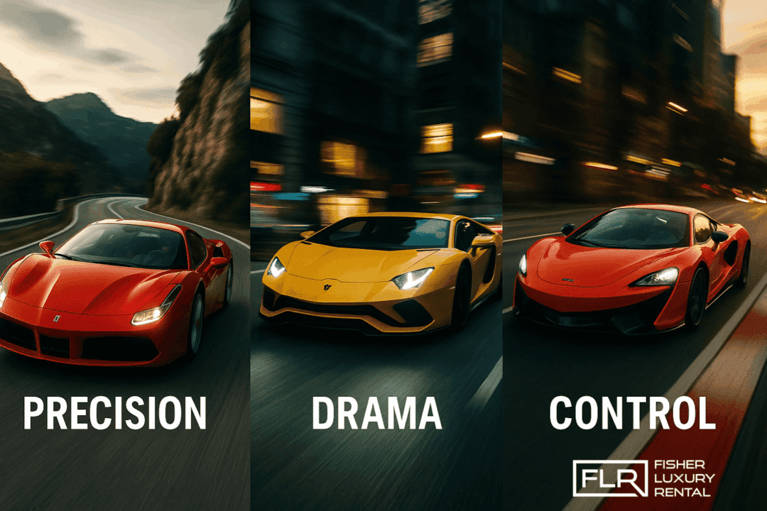 Ferrari, Lamborghini, and McLaren in action depicting their unique driving styles—track, road, and city.