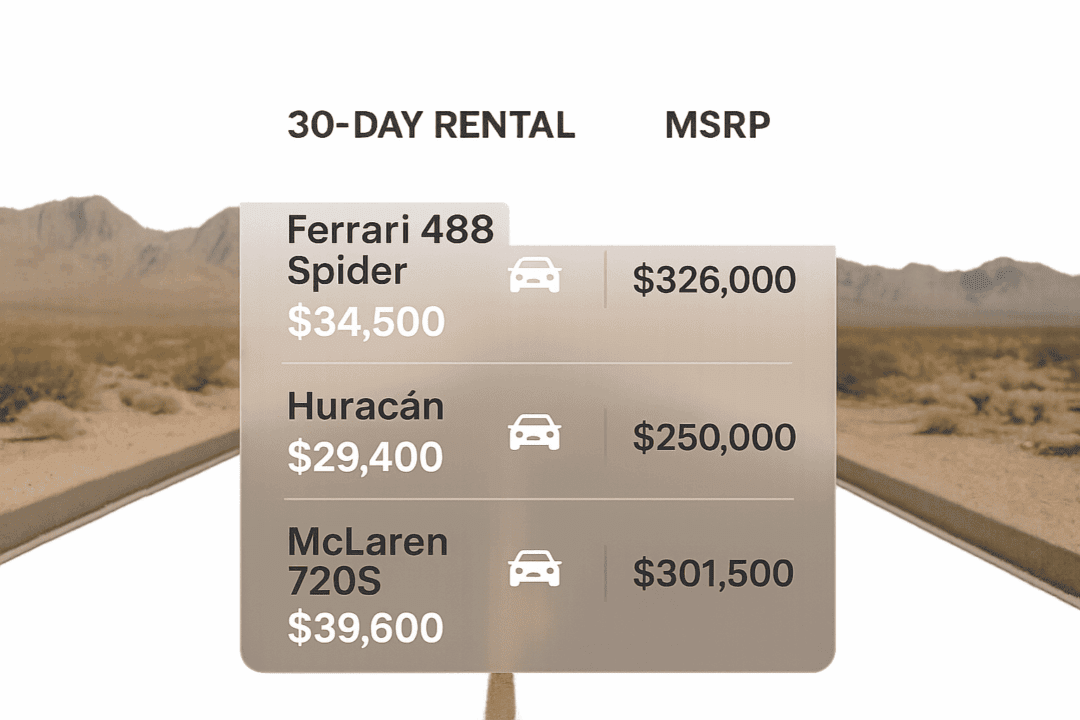 Cost comparison between renting and owning Ferrari, Lamborghini, and McLaren models in Phoenix.