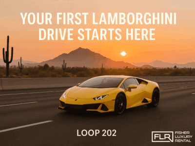 Yellow Lamborghini Huracán driving on Loop 202 at sunrise in Phoenix, Arizona.