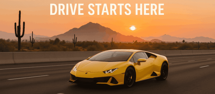 Yellow Lamborghini Huracán driving on Loop 202 at sunrise in Phoenix, Arizona.