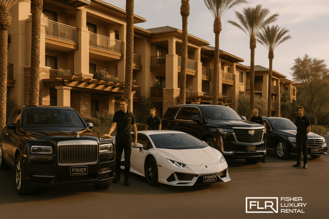 Fisher Luxury Rental staff preparing exotic vehicles in front of Scottsdale resort.