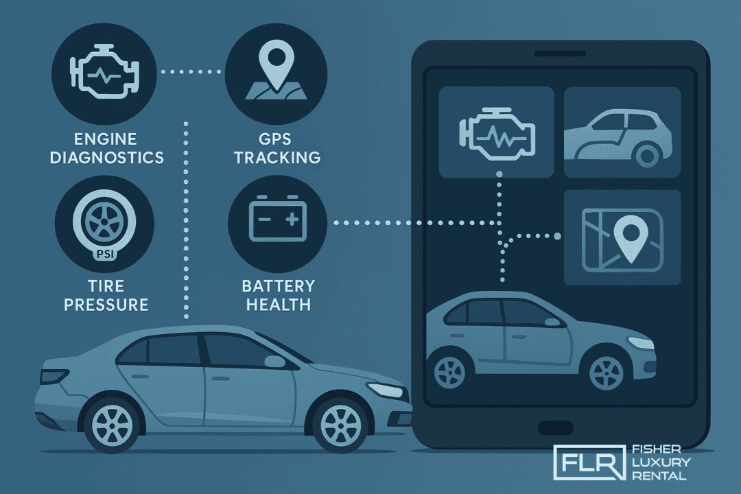 Digital dashboard showing real-time vehicle diagnostics and tracking for luxury fleet.