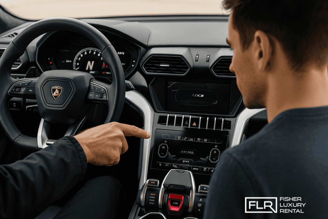 Instructor demonstrating ANIMA drive modes inside Lamborghini Huracán during orientation.