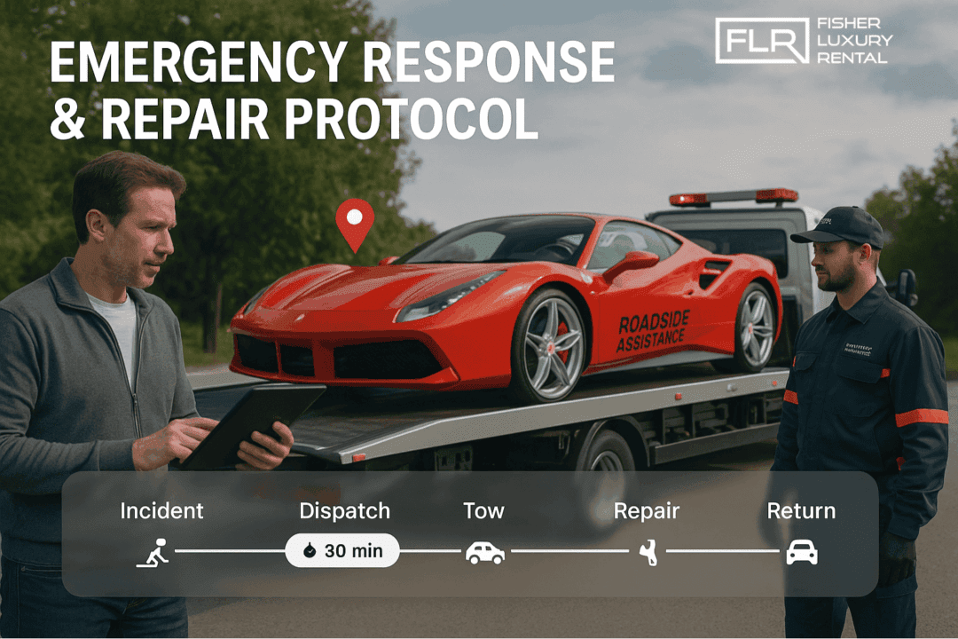 Emergency flatbed towing service for luxury vehicle with real-time response tracking.