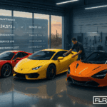 Technicians servicing luxury cars in a high-end maintenance facility with digital tools.