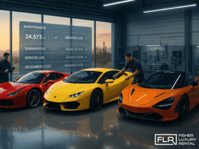 Technicians servicing luxury cars in a high-end maintenance facility with digital tools.