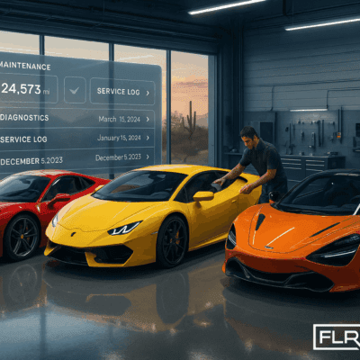 Technicians servicing luxury cars in a high-end maintenance facility with digital tools.