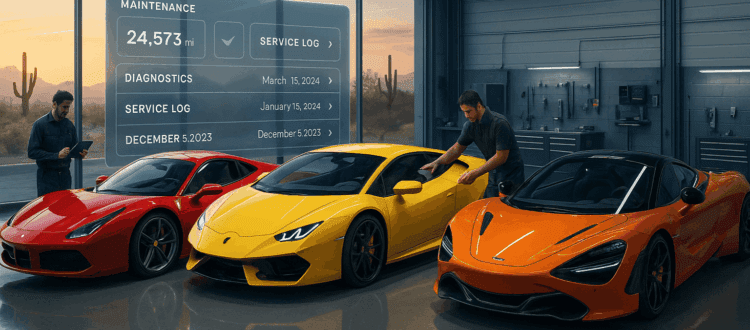 Technicians servicing luxury cars in a high-end maintenance facility with digital tools.