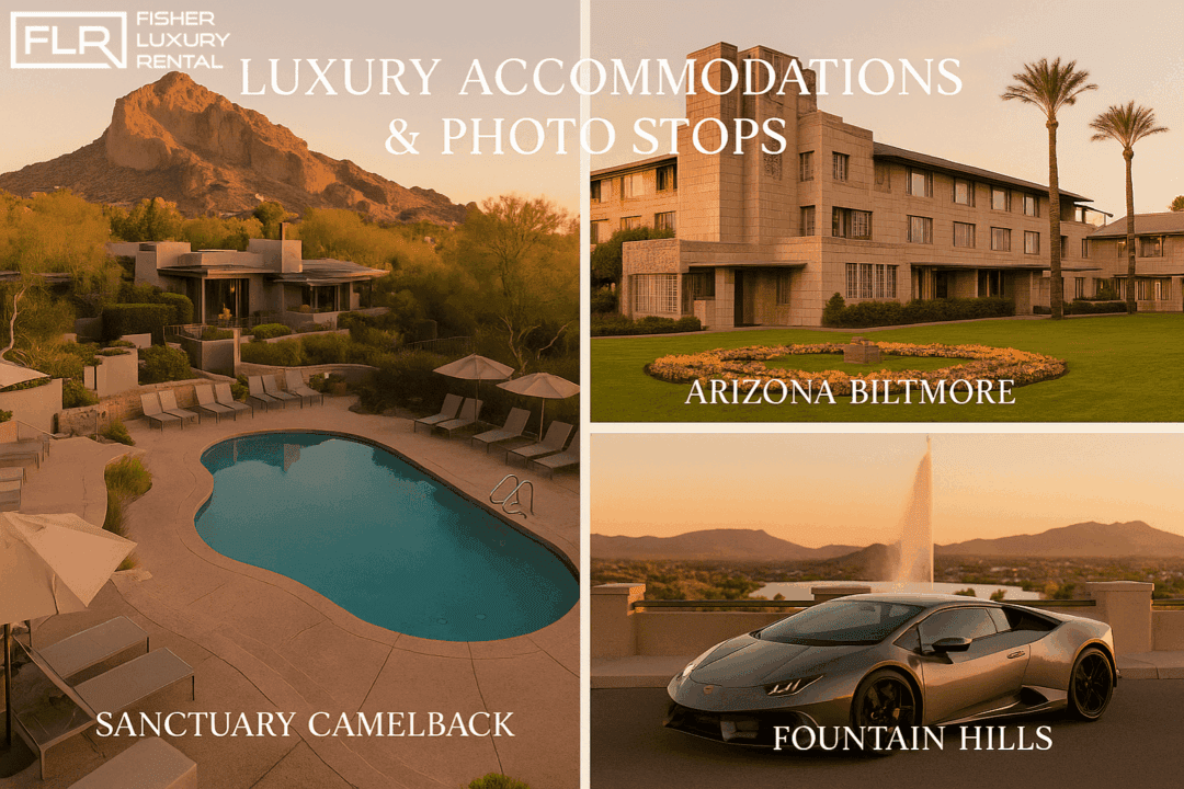 Lamborghini at scenic viewpoint with backdrop of Arizona luxury resorts