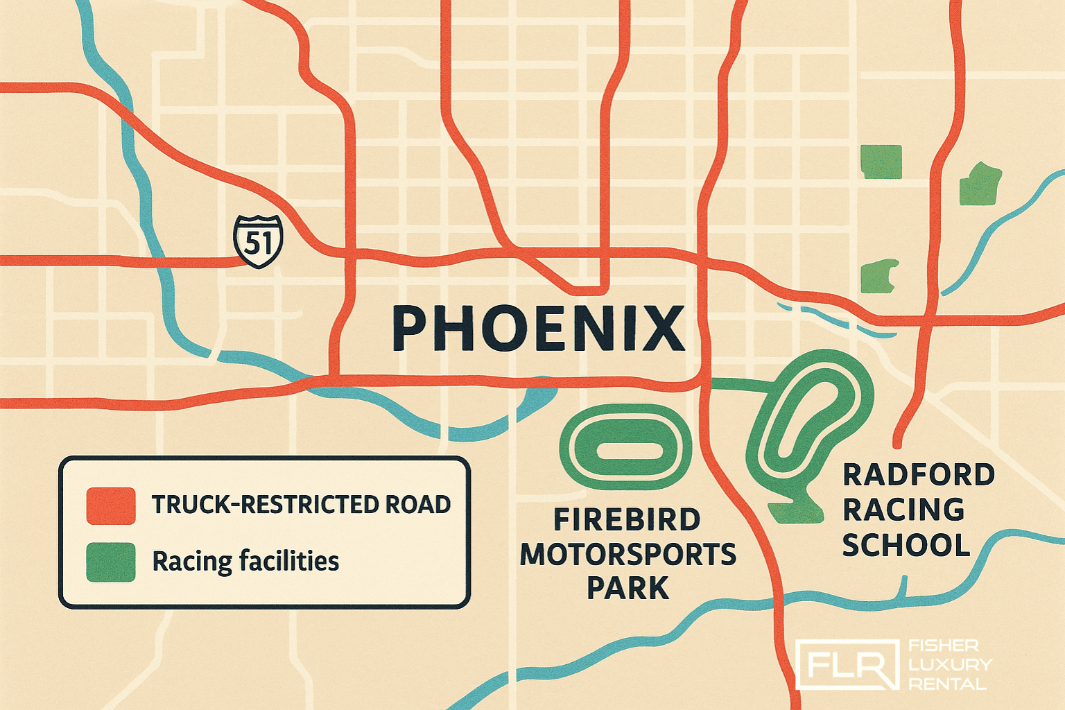 Map of Phoenix showing exotic car driving zones and restrictions