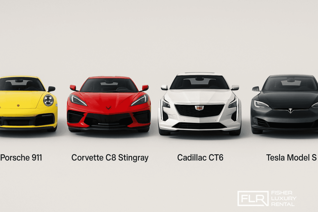 Lineup of four popular exotic cars available for corporate rental