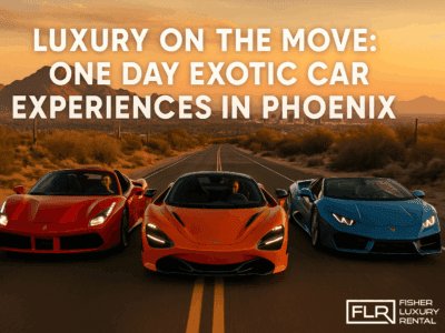 Three exotic supercars driving through the Arizona desert near Phoenix during sunset.