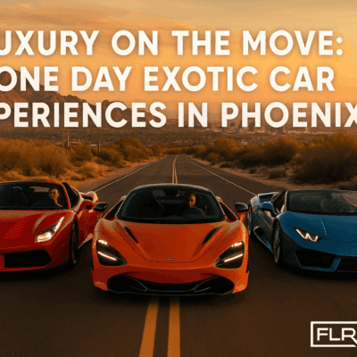 Three exotic supercars driving through the Arizona desert near Phoenix during sunset.