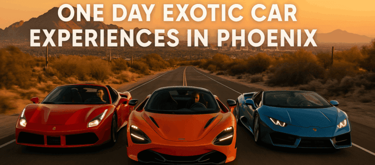 Three exotic supercars driving through the Arizona desert near Phoenix during sunset.