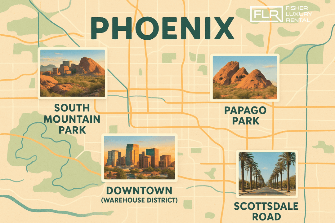 Phoenix map showing top exotic car shoot locations with thumbnail visuals.