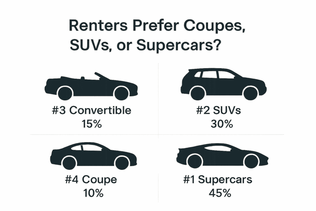 Visual breakdown of car types preferred by exotic renters in Phoenix: supercars, SUVs, convertibles, and coupes.