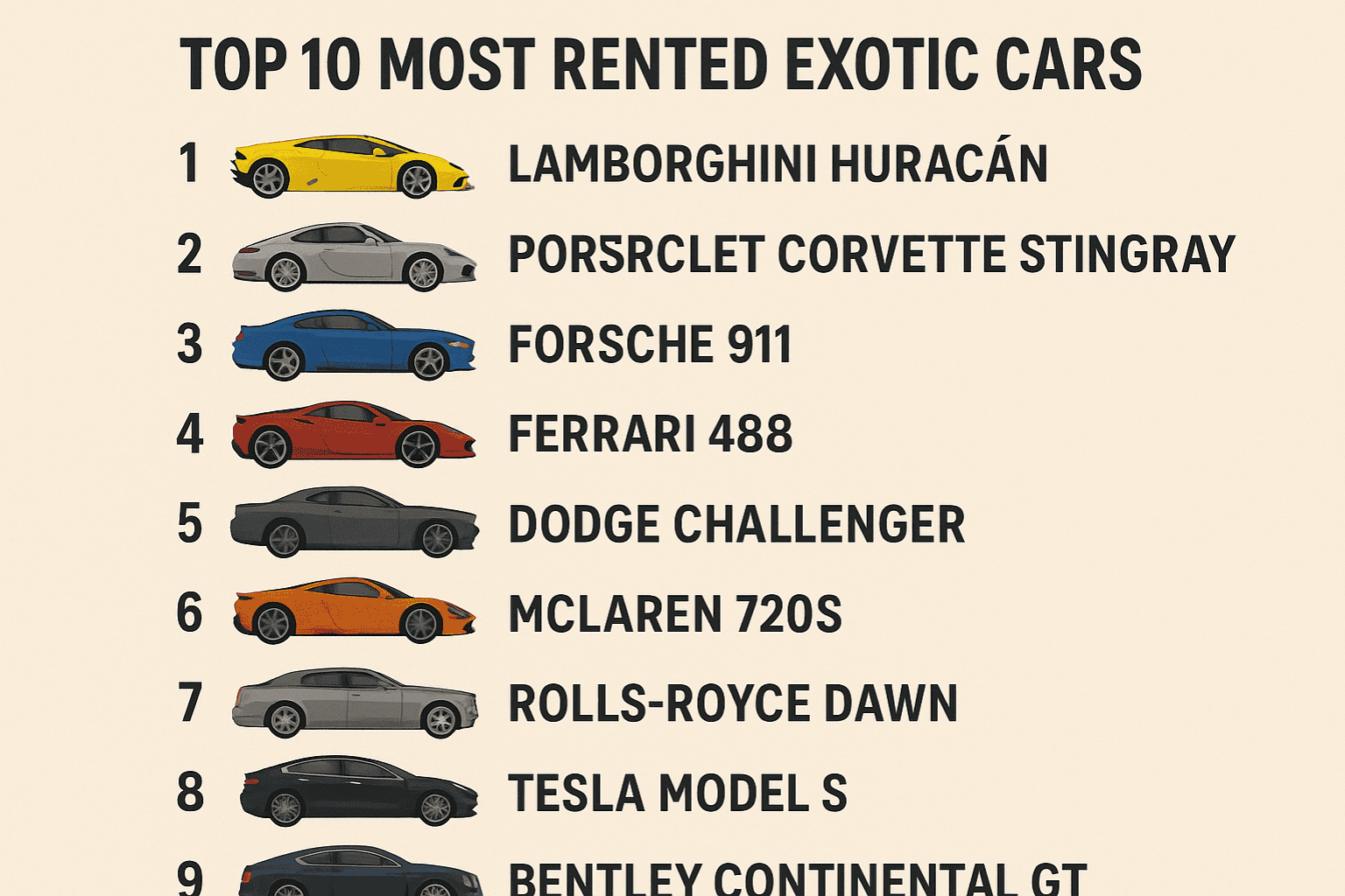 Chart listing the top 10 most rented exotic vehicles in Phoenix with icons and ranks.