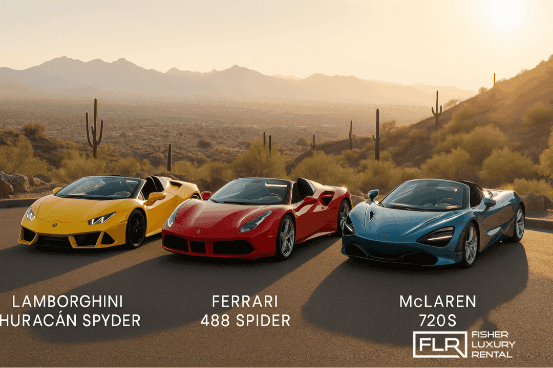 Lamborghini Huracan Spyder, Ferrari 488 Spider, and McLaren 720S side by side in the Phoenix desert.