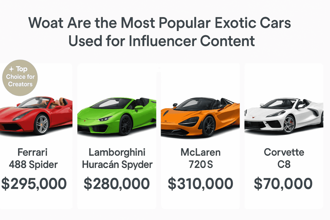 Ferrari, Lamborghini, McLaren, and Corvette C8 with rental pricing for content creators.