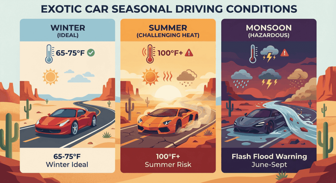 Infographic showing seasonal weather effects on Arizona scenic drives with exotic cars.