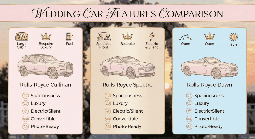 Side-by-side comparison of Rolls-Royce Cullinan, Spectre, and Dawn for wedding rentals