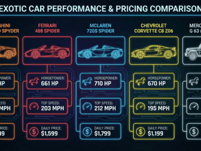 Infographic comparing horsepower, speed, and rental cost of top exotic car models.